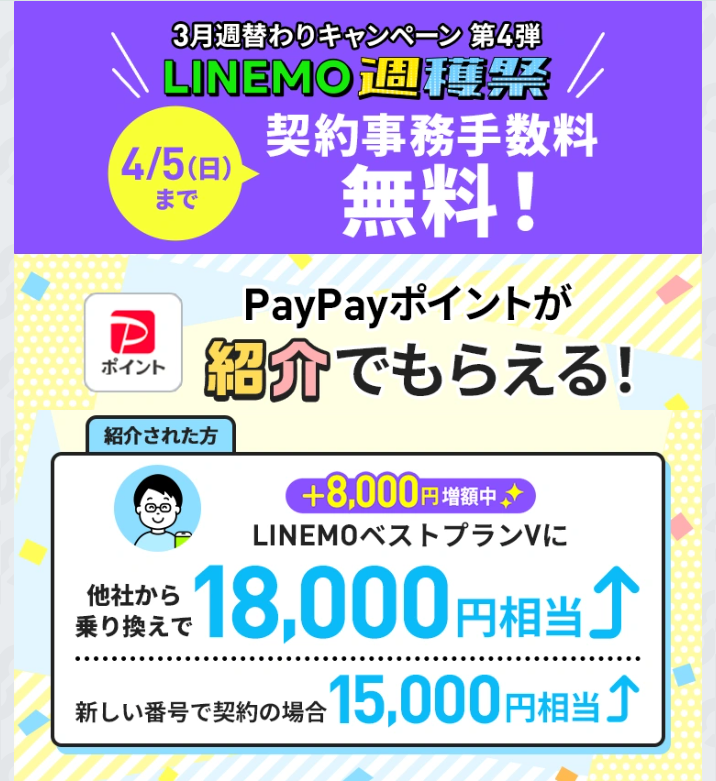 LINEMO4/5までお友達紹介キャンペーンで最大18,000円分もらえる