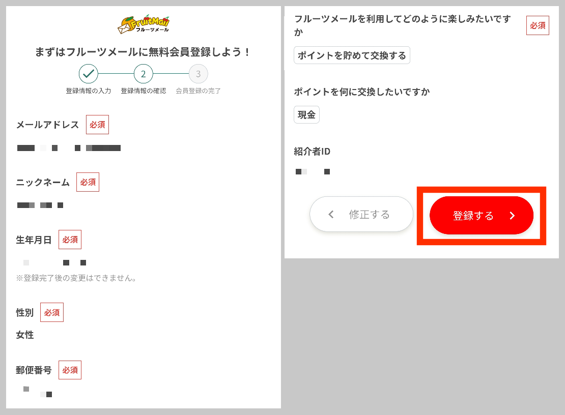 フルーツメール入力内容の確認