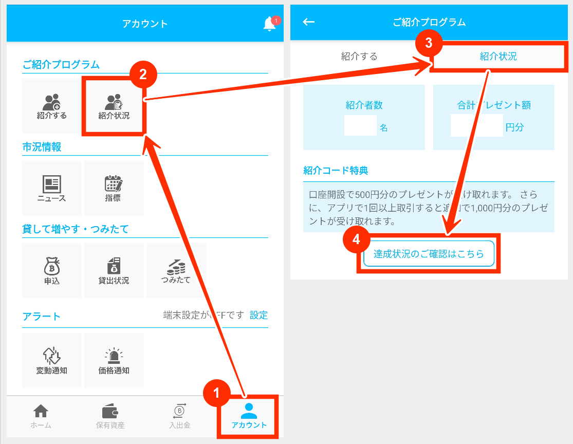 口座開設特典の500円分をもらう