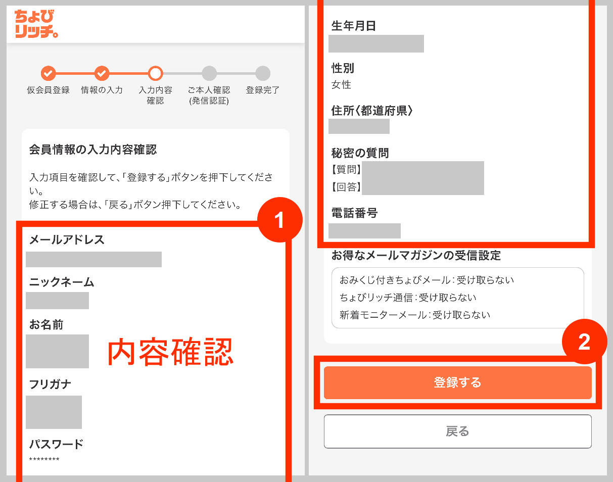 ちょびリッチの入力内容の確認