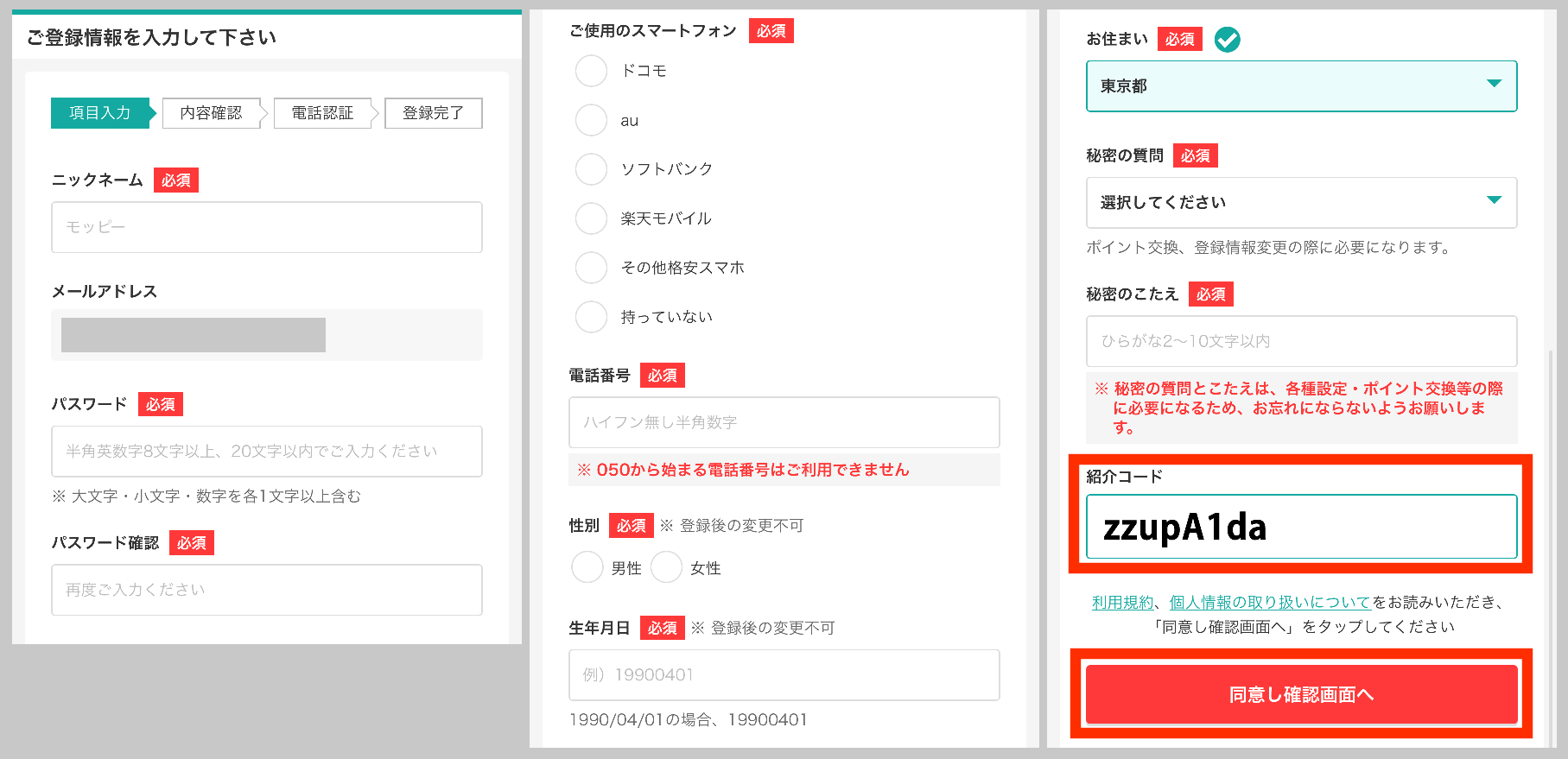 モッピーで必要情報を入力