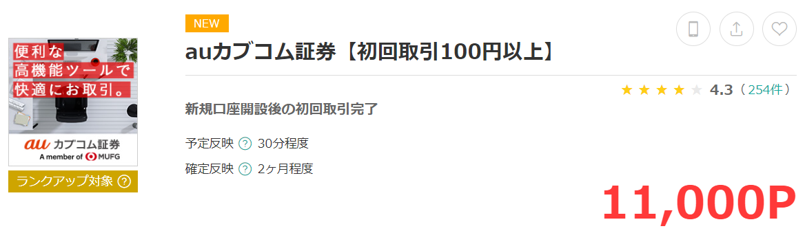 auカブコム証券はモッピー経由で11,000ポイントもらえる