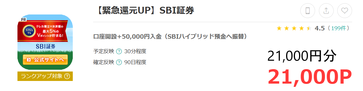 モッピー経由でSBI証券が21,000円分㌽の報酬