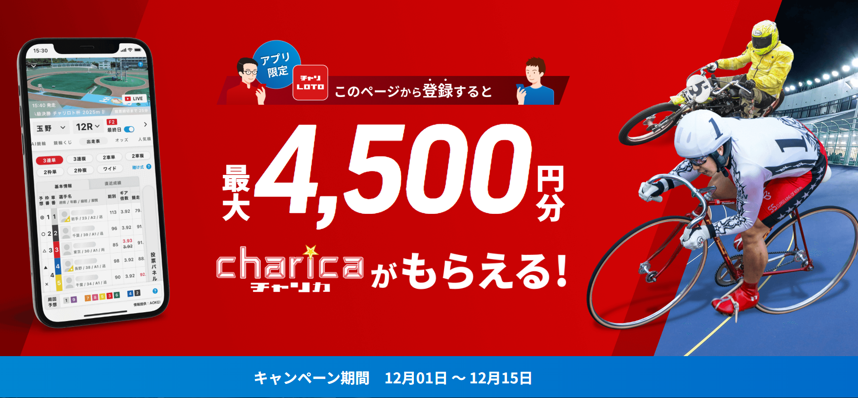 チャリロトの招待コードで最大4,500円分もらえる