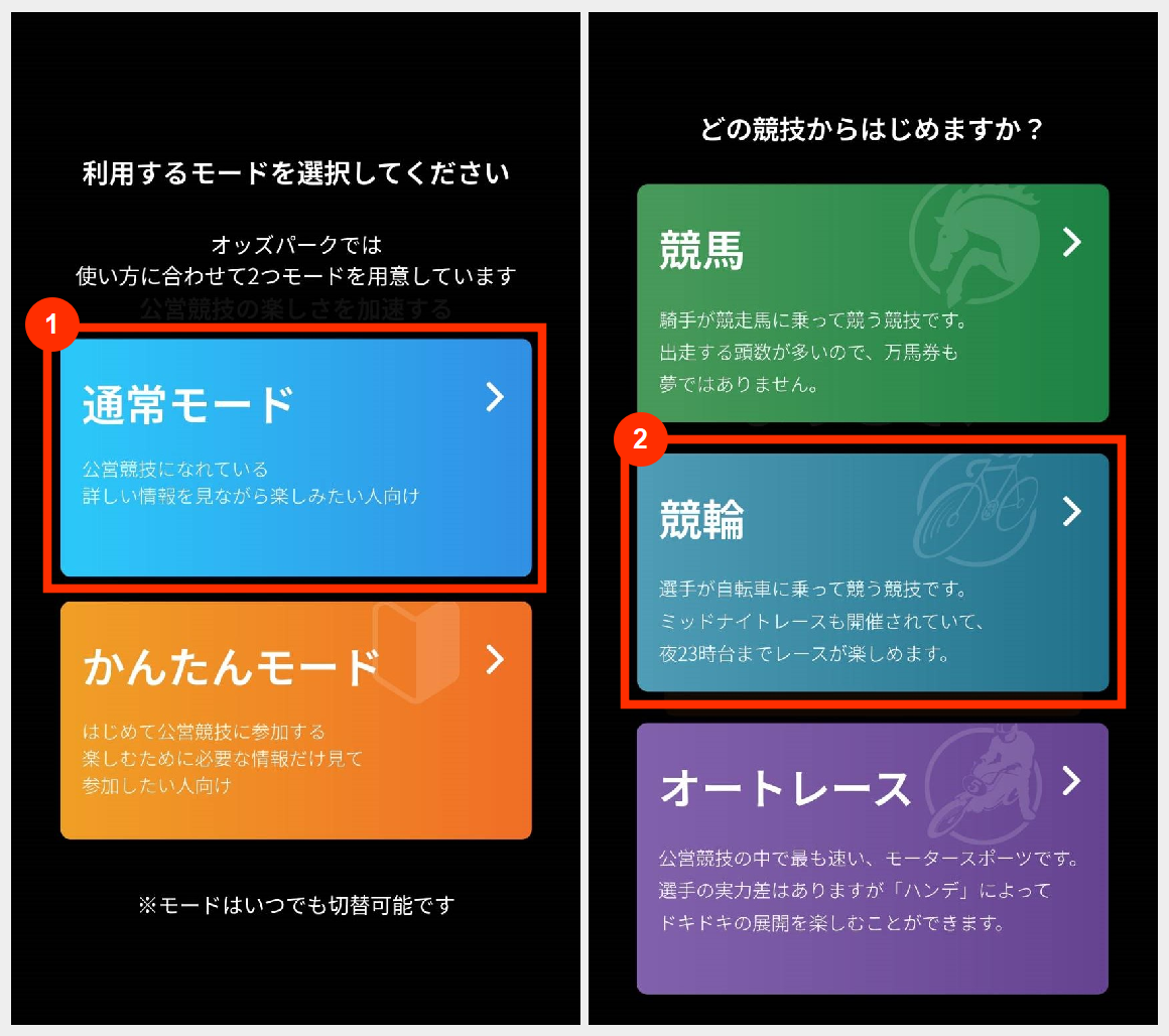 オッズパーク利用するモードと競技