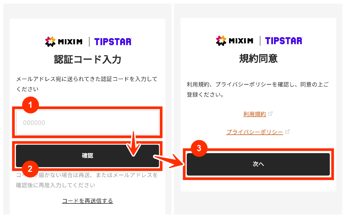 TIPSTAR認証コードの入力と規約への同意