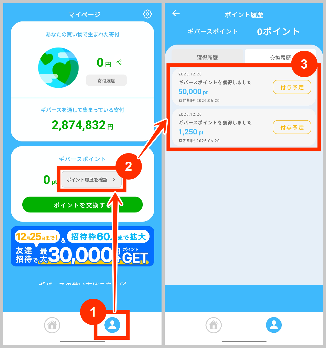 ギバース特典付与の確認