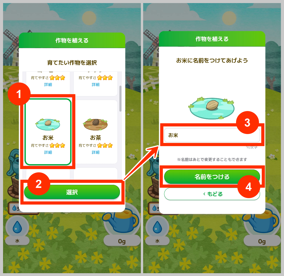 カウシェファームで植物を植えて名前をつける